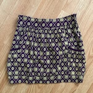 Nick & Mo Anthroplogie Embroidered Mini Skirt Size S Purple Gold Pleanty Pocket